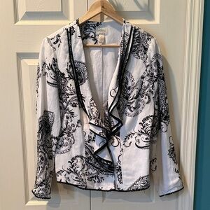 % Chico's 1P (M) Black & White Paisley Waterfall Collar Open Jacket